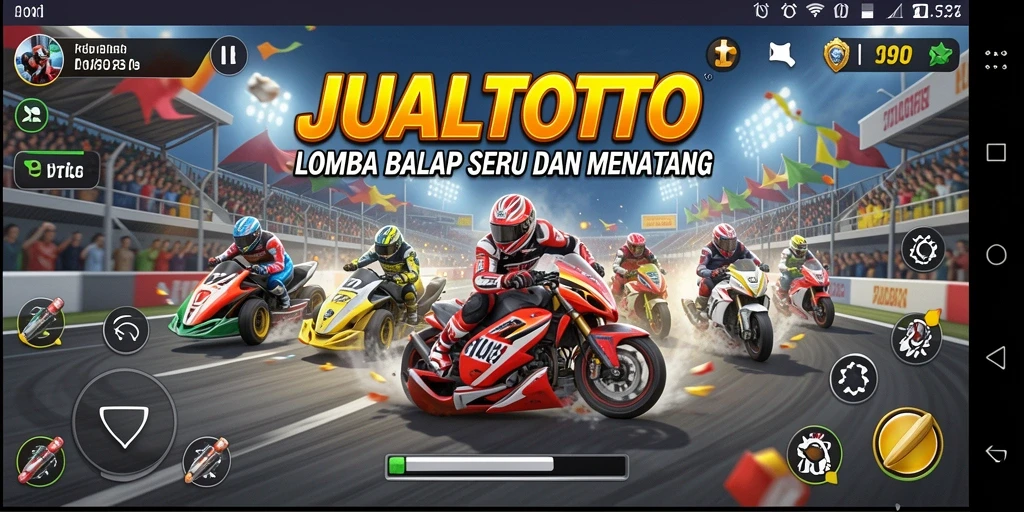 Screenshot permainan JUALTOTO menampilkan aksi balap yang menegangkan.