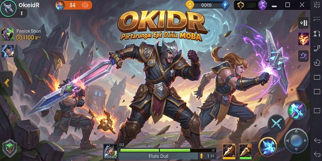Screenshot utama OKIDR menampilkan aksi pertempuran mendebarkan di arena MOBA.