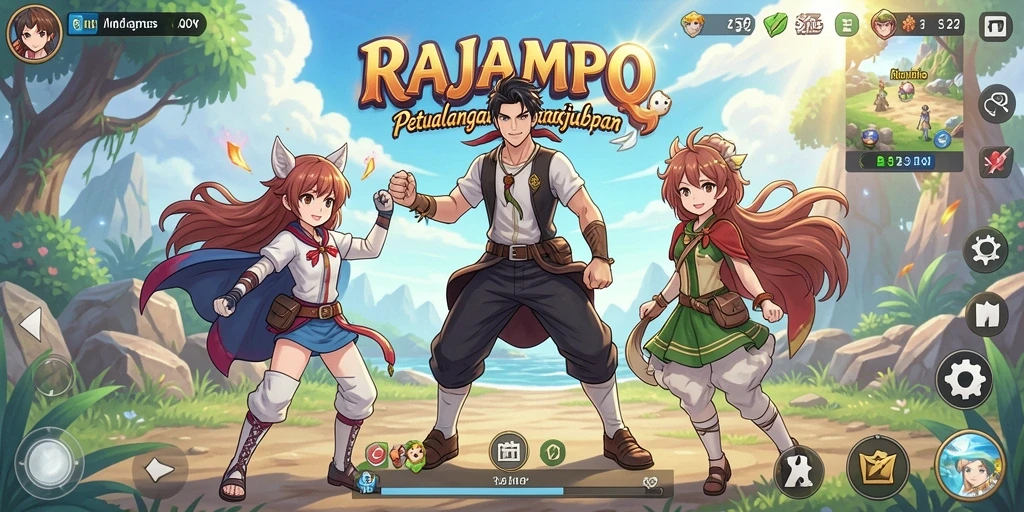 Screenshot gameplay RAJAMPO menampilkan karakter anime dalam aksi petualangan.
