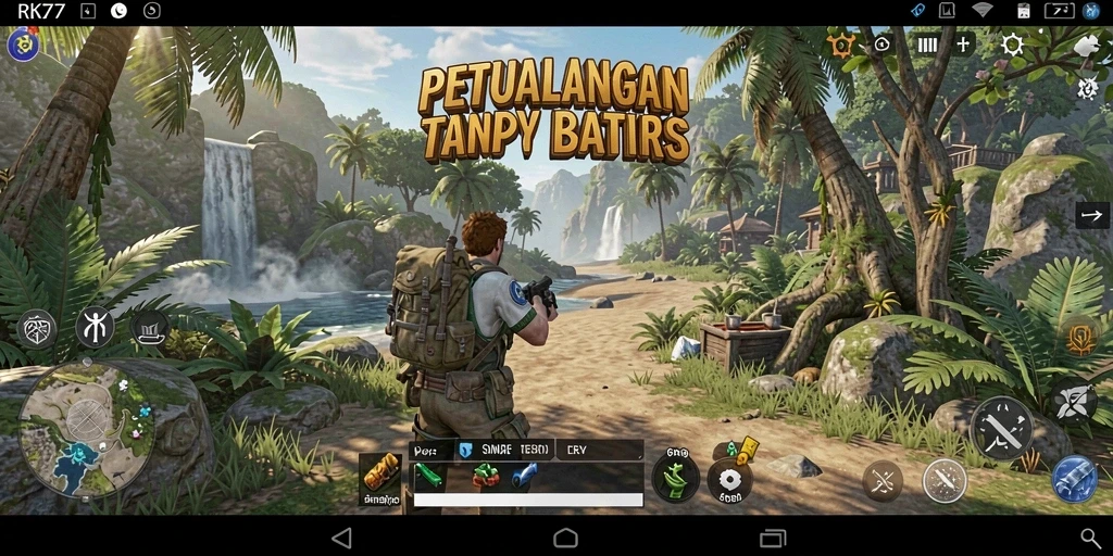 Screenshot gameplay RK77 menampilkan eksplorasi dunia terbuka yang memukau.