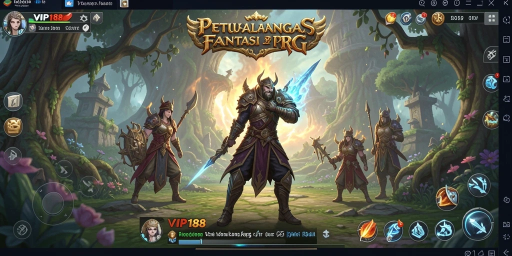 Screenshot utama VIP188 menampilkan pertarungan epik di dunia fantasi.